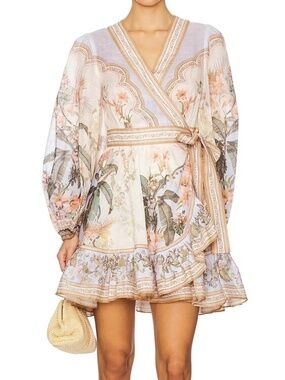 Calypso St. Barth Cotton Pastel Blue Floral V-Neck Faux Wrap Frill Mini Dress